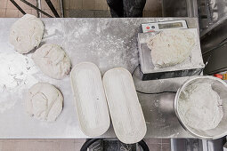 Brown bread being made: dough being weighed