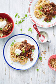 Spaghetti with lebanese-spiced lamb mince and pine nuts