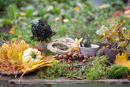 Tisch mit Moos, Herbstlaub, Kastanien, Beeren, Zierkürbis, Strohrömer und Bindematerial