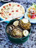 Artichokes with garlic dip, Asparagus and Tomato tart