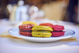 Colorful french macarons on a tray