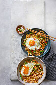Kimchi noodles with sesame fried eggs