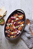 Meatball, beetroot and chickpea traybake