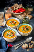 Lentil and sweet potatoe soup with coriander pesto