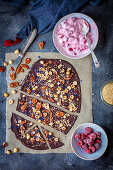 Homemade chocolate and yogurt with raspberries