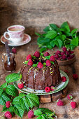 Chocolate cake with raspberries and pistachios