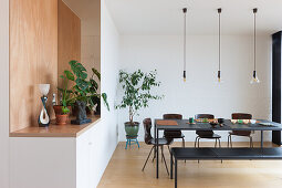 Dining area with dark furniture below pendant lights and houseplants on shelf in foreground