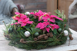 Christmas wreath with poinsettias and conifer branches