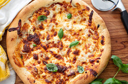 Käsepizza mit Basilikum