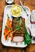 Gammon roast with wild garlic crust and mashed potatoes