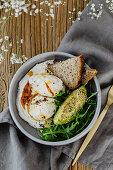 Poached Eggs on Labneh with Arugula and Avocado
