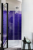 Shower cubicle with blue wall tiles in the bathroom
