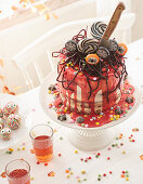 'Blood cake' with raspberry sauce and chocolate base for Halloween
