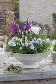 White bowl with hyacinths, grape hyacinths, horned violets, crocus, checkerboard flowers, and Ornithogalum