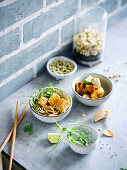 Crispy tofu with zucchini noodles and sprouts