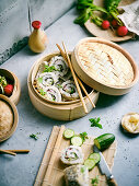 Vegan sushi rolls in a steaming basket