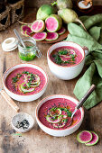 Watermelon radish soup with kale pesto