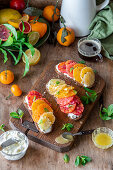 Citrus toasts with cream cheese and honey