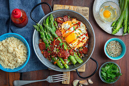 Chorizo and asparagus with fried eggs