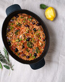 One pot rice with quinoa, vegetables and olives