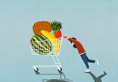 Mädchen schiebt Einkaufswagen voll mit frischem Obst (Illustration)