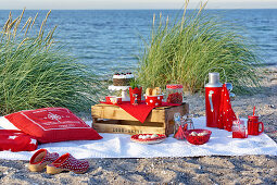 Picnic with red dishes on the beach