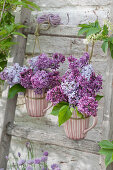 Small bouquets of lilacs in cups hung on wooden ladders