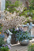 Easter terrace with ornamental cherry 'Kojo-no-mai' underplanted with pansies Ruffles 'Purple White Rim', forget-me-not 'Myomark' in a silver planter, silver Easter bunny and Easter egg