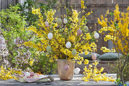 Easter bouquet made of flowering branches of forsythia, decorated with Easter eggs