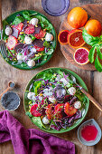 Blood orange salad with beetroot, red onions, mozzarella and poppy seeds