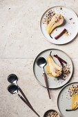 Baked pears with a crunchy pistachio quinoa crunch