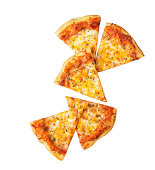Drei-Käse-Pizza in Stücken vor weißem Hintergrund