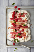 Tray pavlova with rhubarb and raspberries