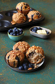 Wholegrain muffins with blueberries, almonds and white chocolate