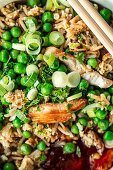 Fried rice with chicken, peas and sweet chilli sauce