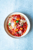 Spaghetti with prawns and tomato sauce
