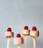 Mini cheesecakes on sticks with a raspberry glaze