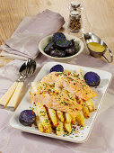 Baked asparagus with salmon and purple new potatoes