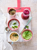 Vegetarian spreads made from peas, mushrooms, herbs, quark and beetroot
