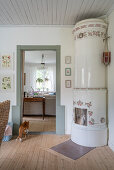 Decorative tiled stove in corner