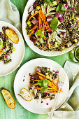 Roasted Purple Potato Black Lentil Salad with Cilantro Pesto Vinaigrette