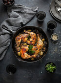 Chicken Marbella (chicken pot with olives, prunes and capers, France)