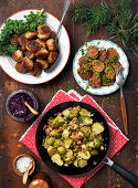 Vegan cooking for Christmas: brusselsprouts with nuts, veggie meatballs, vegetarian sausage