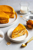 Baked pumpkin cottage cheese pudding, sliced
