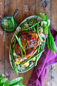 Roasted chicken with potatoes and asparagus