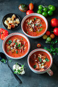 Tomato feta soup with fried proscuitto and crutons