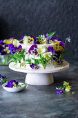 Vanilla buttercream cake with blueberries, decorated with violas