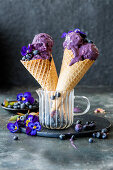 Blueberry ice cream in cones