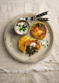 Vegan potato fritters with mushroom filling and herb dip