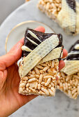 Chocolate bar made of puffed rice and groats (close-up)